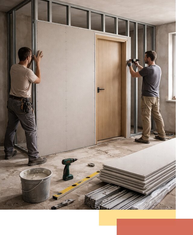 Перегородка из гипсокартона с дверью под ключ в Орехово-Зуево