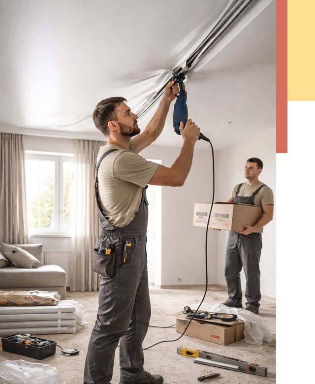 Монтаж сатинового натяжного потолка в Орехово-Зуево от 3647 руб. | Быстро, недорого — ОТДЕЛОЧНИК-Рхв