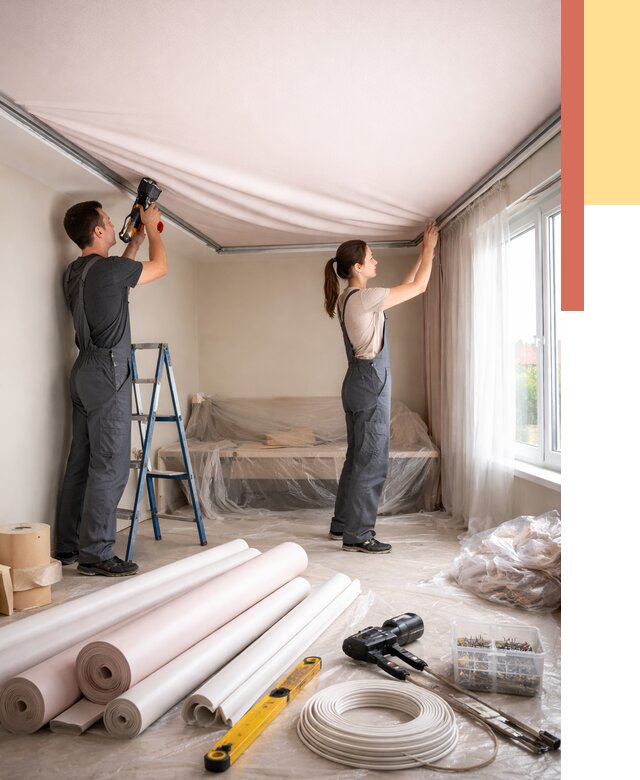 Монтаж цветного натяжного потолка в Орехово-Зуево от 4376 руб/м² — быстро и недорого | ОТДЕЛОЧНИК-Рхв