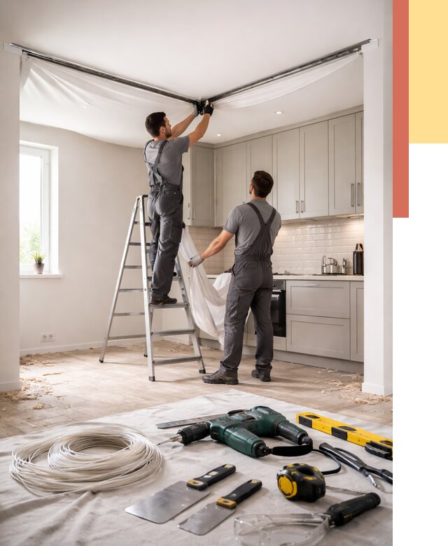 Установка натяжного потолка на кухне в Орехово-Зуево от 2501 руб. | ОТДЕЛОЧНИК-Рхв