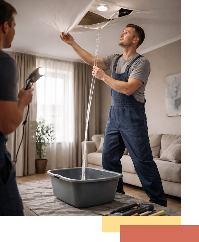 Слив воды с натяжного потолка в Орехово-Зуево быстро и аккуратно